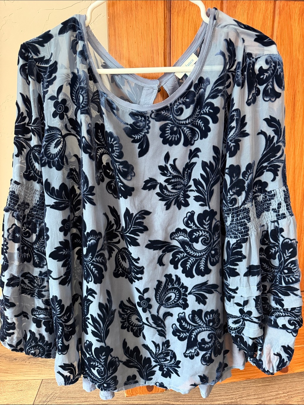 Sundance Boho Floral Burnout Velvet Top Silk Blend Bell Sleeves Blue, medium